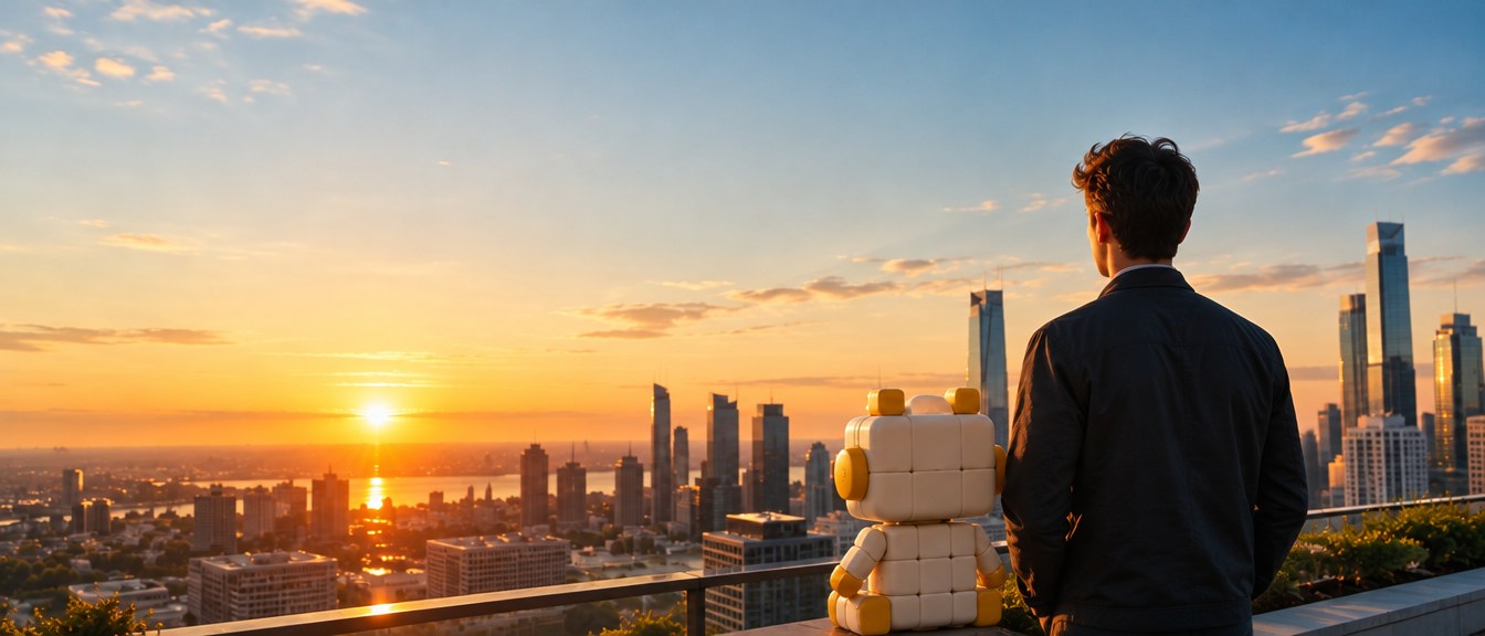 Sur un toit-terrasse, un jeune professionnel et Axi regardent la ville au lever du soleil