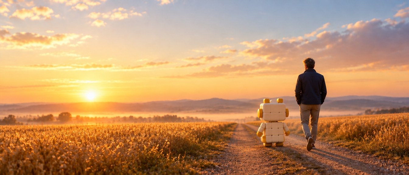 À l'aube, un homme et Axi marchent côte à côte sur un chemin entre les blés, vers le soleil levant